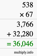 How to calculate 538 times 67 using long multiplication