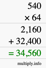 How to calculate 540 times 64 using long multiplication