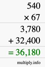 How to calculate 540 times 67 using long multiplication