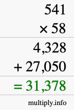 How to calculate 541 times 58 using long multiplication