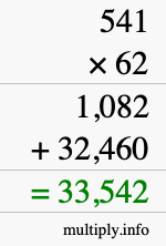 How to calculate 541 times 62 using long multiplication