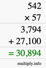 How to calculate 542 times 57 using long multiplication