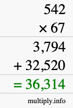 How to calculate 542 times 67 using long multiplication