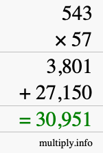 How to calculate 543 times 57 using long multiplication