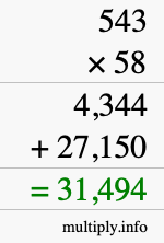 How to calculate 543 times 58 using long multiplication