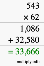 How to calculate 543 times 62 using long multiplication