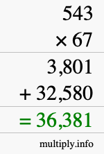 How to calculate 543 times 67 using long multiplication