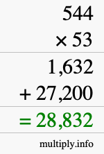 How to calculate 544 times 53 using long multiplication