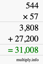 How to calculate 544 times 57 using long multiplication