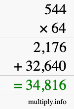 How to calculate 544 times 64 using long multiplication