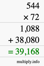 How to calculate 544 times 72 using long multiplication