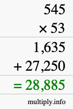 How to calculate 545 times 53 using long multiplication