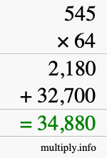 How to calculate 545 times 64 using long multiplication