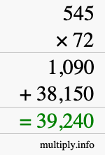 How to calculate 545 times 72 using long multiplication