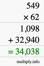 How to calculate 549 times 62 using long multiplication