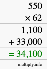 How to calculate 550 times 62 using long multiplication