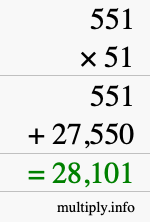 How to calculate 551 times 51 using long multiplication