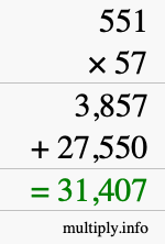 How to calculate 551 times 57 using long multiplication