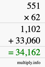 How to calculate 551 times 62 using long multiplication