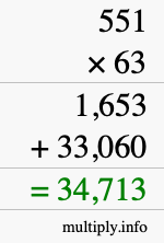 How to calculate 551 times 63 using long multiplication