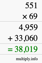 How to calculate 551 times 69 using long multiplication