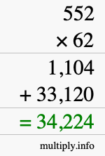 How to calculate 552 times 62 using long multiplication