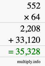 How to calculate 552 times 64 using long multiplication