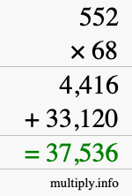 How to calculate 552 times 68 using long multiplication