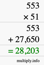 How to calculate 553 times 51 using long multiplication