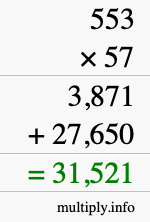 How to calculate 553 times 57 using long multiplication