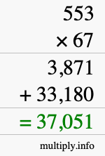 How to calculate 553 times 67 using long multiplication
