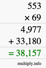 How to calculate 553 times 69 using long multiplication