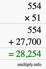 How to calculate 554 times 51 using long multiplication
