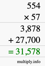 How to calculate 554 times 57 using long multiplication