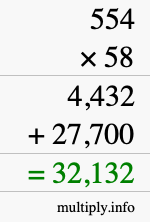 How to calculate 554 times 58 using long multiplication