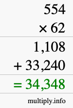 How to calculate 554 times 62 using long multiplication