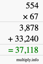 How to calculate 554 times 67 using long multiplication