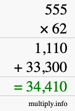 How to calculate 555 times 62 using long multiplication