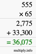 How to calculate 555 times 65 using long multiplication