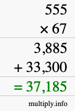 How to calculate 555 times 67 using long multiplication