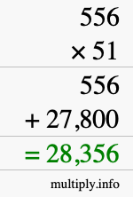 How to calculate 556 times 51 using long multiplication