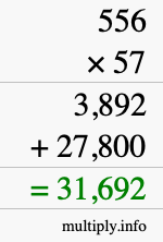 How to calculate 556 times 57 using long multiplication