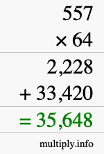 How to calculate 557 times 64 using long multiplication