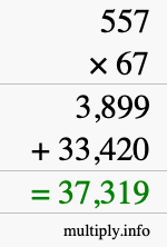 How to calculate 557 times 67 using long multiplication