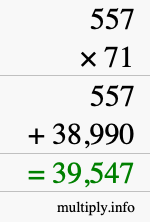 How to calculate 557 times 71 using long multiplication