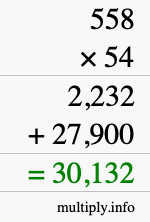How to calculate 558 times 54 using long multiplication