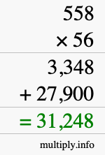 How to calculate 558 times 56 using long multiplication
