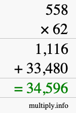 How to calculate 558 times 62 using long multiplication