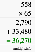 How to calculate 558 times 65 using long multiplication