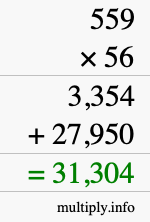 How to calculate 559 times 56 using long multiplication